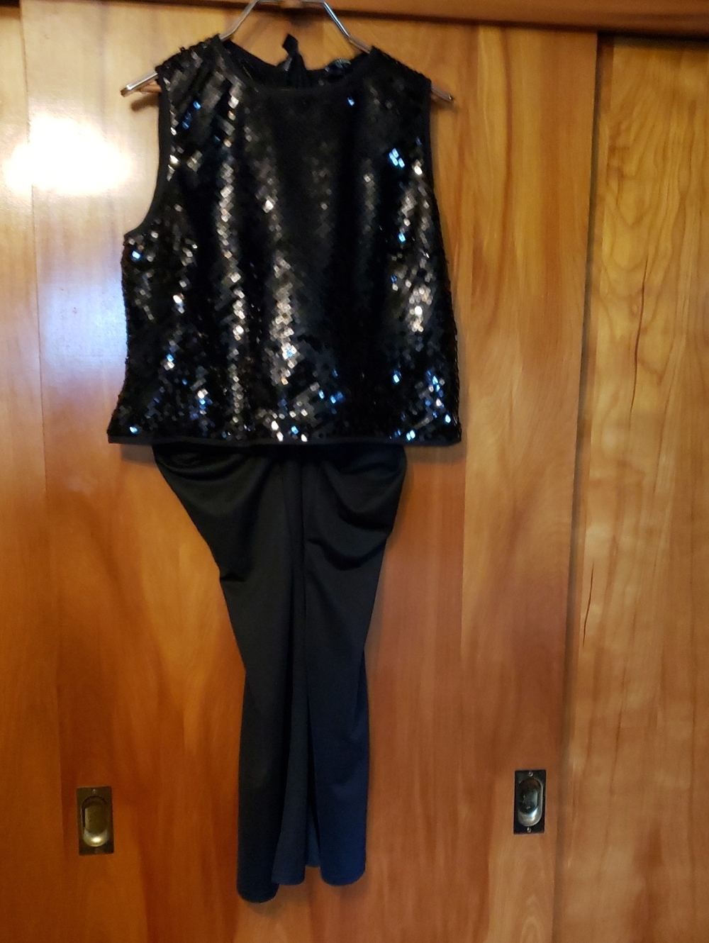 PrettyLittleThing Black Sequin Zipper Top and Stretch Bell Bottom Pants Evening